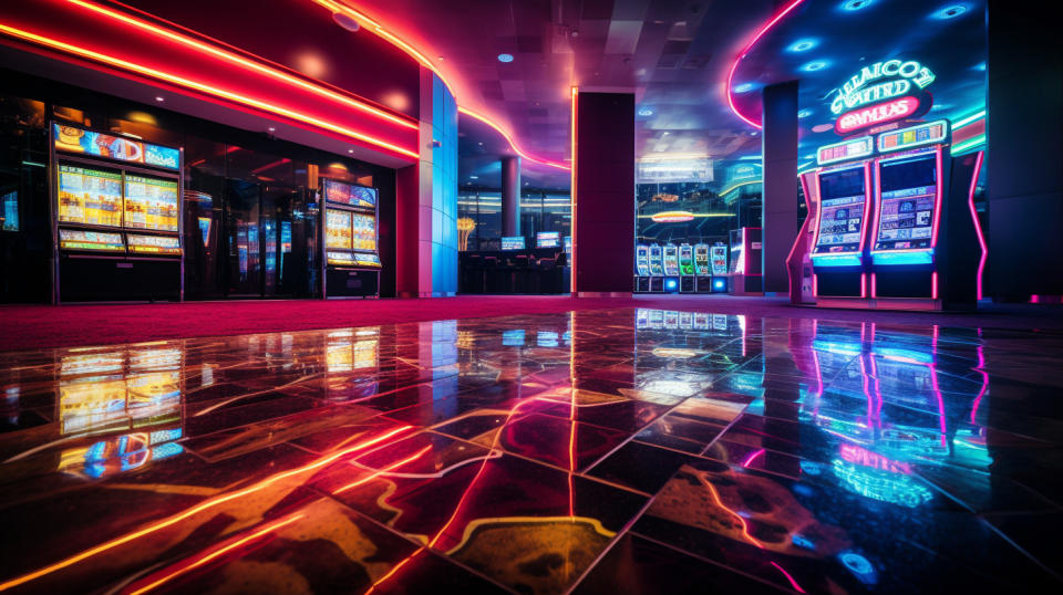 The bright and neon lights of a glitzy casino, revealing the company's iCasino and gaming properties.