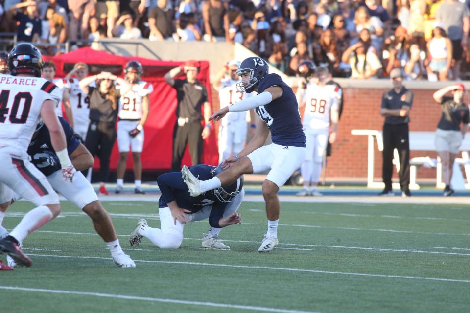 Georgia Southern's Alex Raynor kicks a field goal in the first half against Ball State on Sept. 24 at Paulson Stadium in Statesboro.