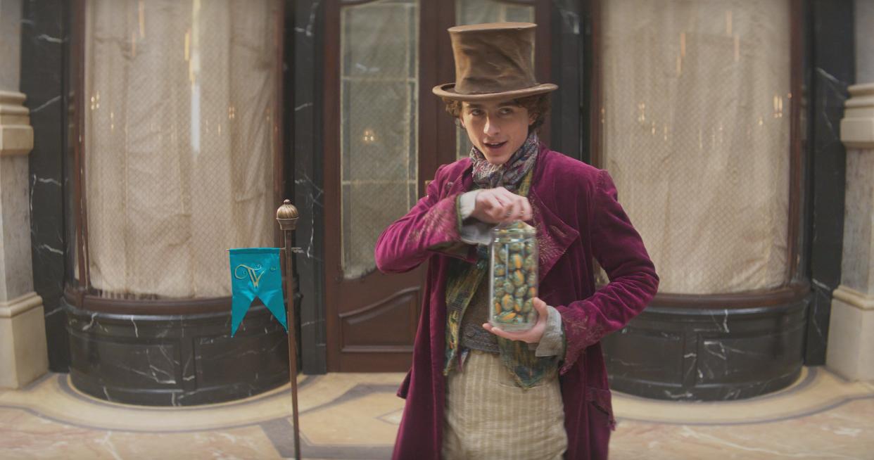 Timothée Chalamet stars as young candy man Willy Wonka in the whimsical prequel "Wonka."
