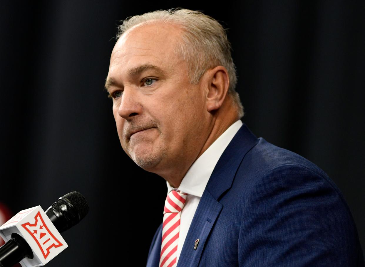 Texas Tech head football coach Joey McGuire speaks during day two of the Big 12 football media days, Thursday, July 14, 2022, at AT&T Stadium in Arlington. 