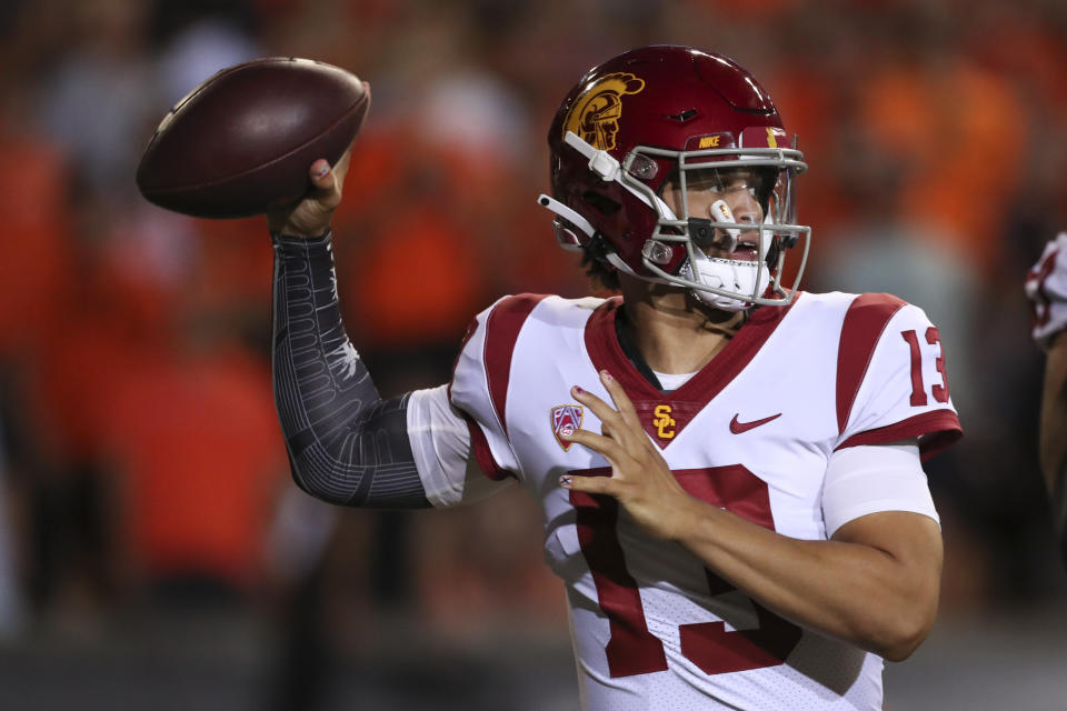 USC quarterback Caleb Williams drops back to pass against Oregon State on Saturday, Sept. 24, 2022, in Corvallis, Ore. (AP Photo/Amanda Loman)