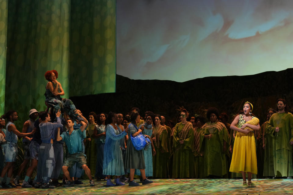 J'Nai Bridges, right, and castmates rehearse for the Metropolitan Opera's production of "El Nino," on Wednesday, April 17, 2024, in New York. “El Nino” opens April 23. (Photo by Charles Sykes/Invision/AP)