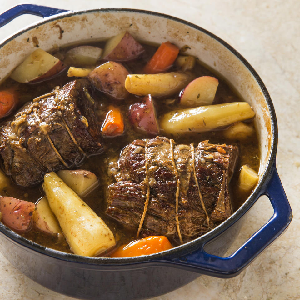 This undated photo provided by America's Test Kitchen in October 2018 shows Simple Pot Roast in Brookline, Mass. This recipe appears in the book “Cook it in Your Dutch Oven.” (Joe Keller/America's Test Kitchen via AP)