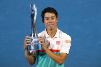 Tennis - Brisbane International - Men's Final - Pat Rafter Arena, Brisbane, Australia, January 6, 2019 Japan's Kei Nishikori celebrates with the trophy after winning the final against Russia's Daniil Medvedev REUTERS/Patrick Hamilton