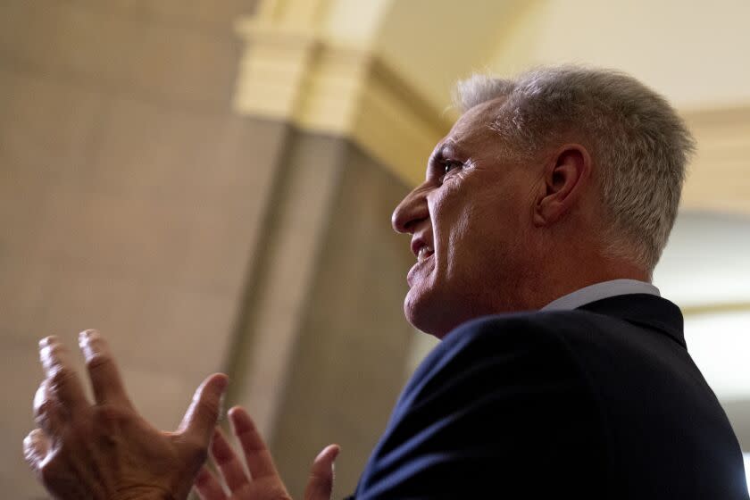 House Majority Leader Kevin McCarthy of Calif., speaks to reporters outside his office at the Capitol Building in Washington, Tuesday, May 9, 2023, after meeting about the debt limit with President Joe Biden at the White House. (AP Photo/Andrew Harnik)