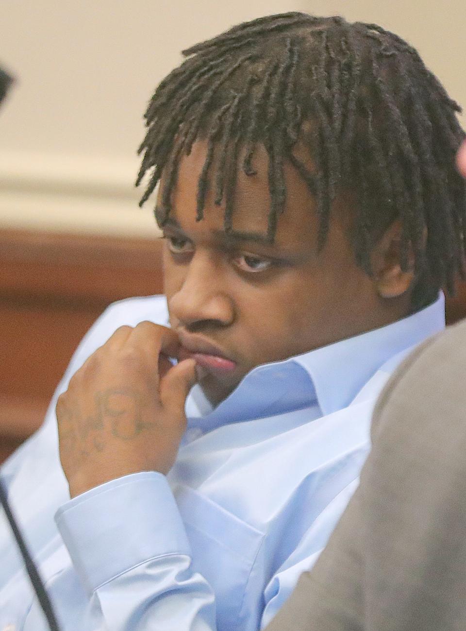 Cameron Jones listens to testimony during his trial Tuesday before Judge Joy Malek Oldfield for his role in the shooting death of Damarcus Hartwell on New Year's Eve in 2022.