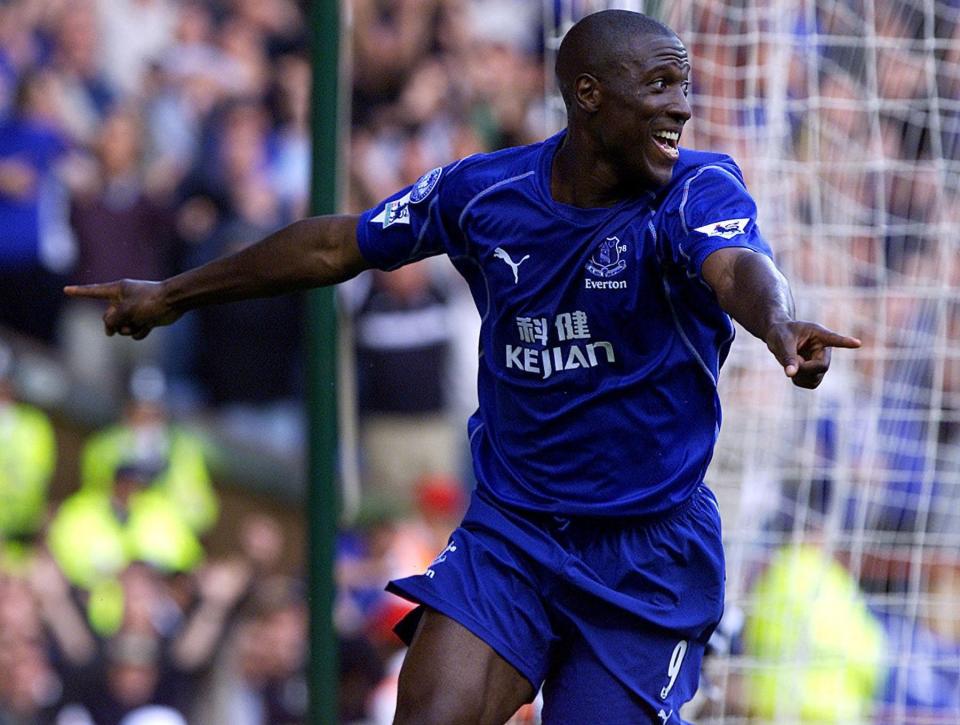 Campbell celebrates scoring for Everton: his spring goals were credited with helping preserve their Premier League status