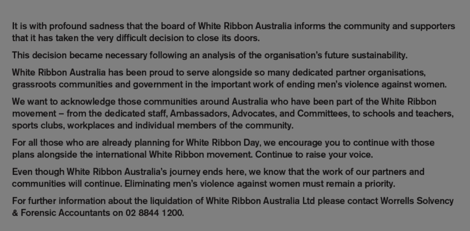 White Ribbon released a statement. Image: White Ribbon