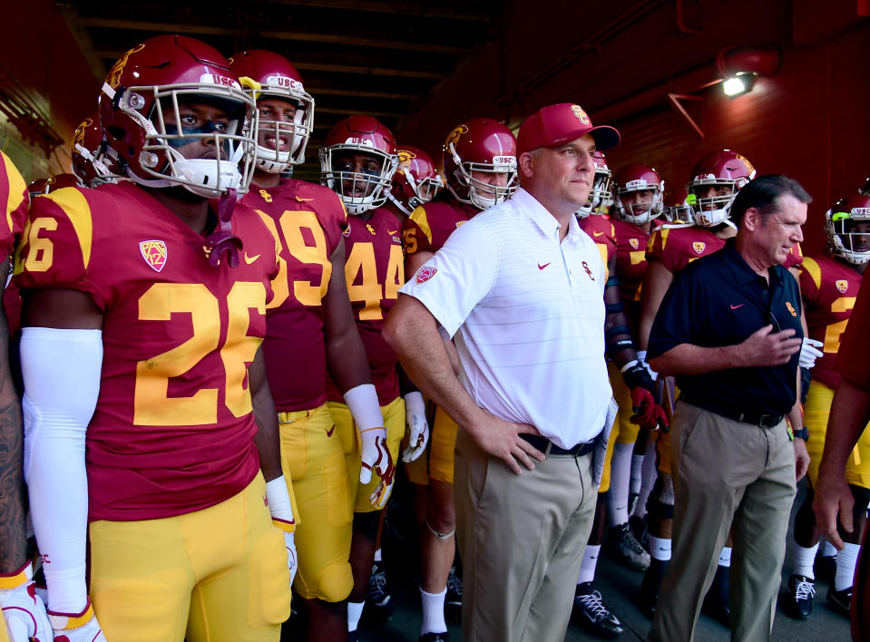 Clay Helton’s USC Trojans are still in the thick of the Pac-12 South hunt thanks to the division’s mediocrity. (Getty file photo)