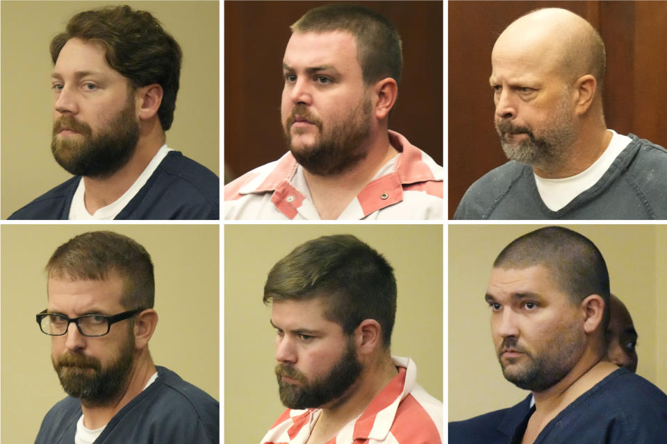 This combination of photos shows, from top left, former Rankin County sheriff’s deputies Hunter Elward, Christian Dedmon, Brett McAlpin, Jeffrey Middleton, Daniel Opdyke and former Richland police officer Joshua Hartfield appearing at the Rankin County Circuit Court in Brandon, Miss., Monday, Aug. 14, 2023. The six white former Mississippi law officers pleaded guilty to state charges on Monday for torturing two Black men in a racist assault that ended with a deputy shooting one victim in the mouth. (AP Photo/Rogelio V. Solis)