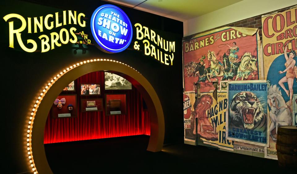 A marquee used on the 2016 national tour of the Ringling Bros. and Barnum and Bailey Circus welcomes visitors to the new Ringling Circus Museum exhibition space "The Greatest Show on Earth."