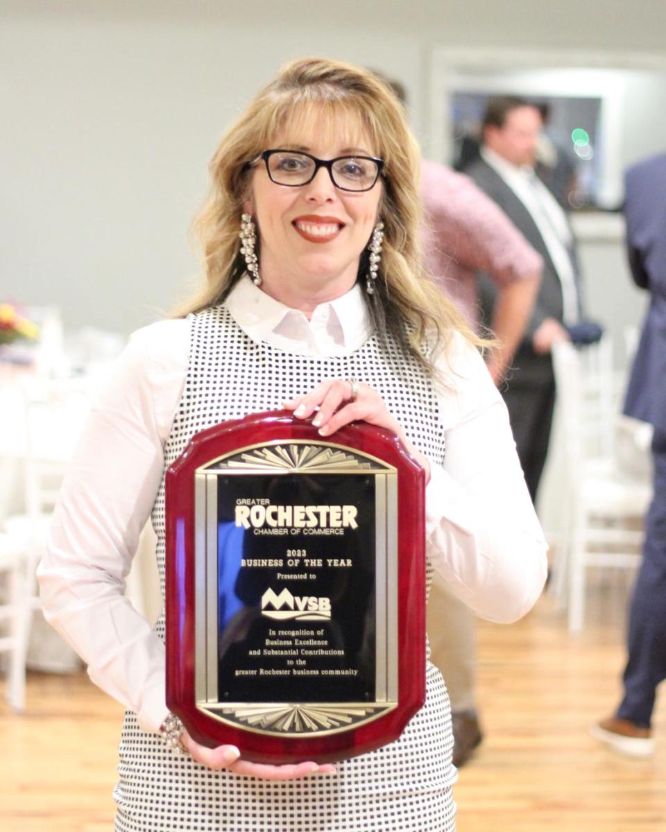 Jolene Whitehead, MVSB Branch & Business Development Manager in Rochester, accepts the 2023 Business of the Year award presented by the Greater Rochester Chamber of Commerce during Wednesday’s Sunset Wine & Dine Annual Awards Celebration held at The Oaks in Somersworth.