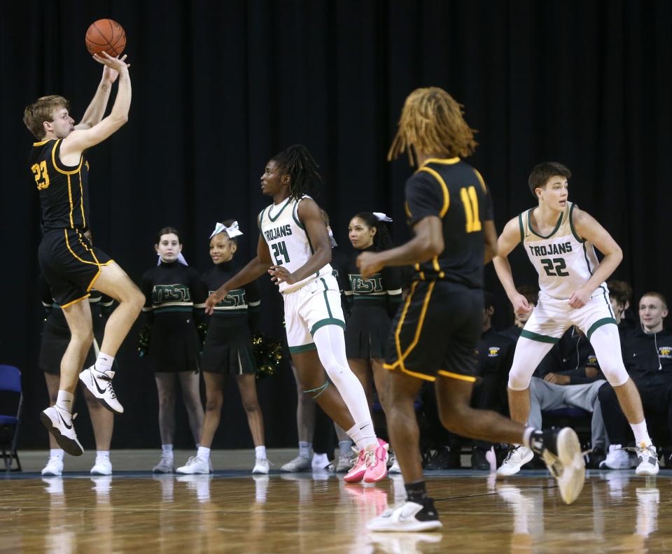 Bettendorf’s Caden Wilkins (23) averaged close to 20 points per game so far this season.