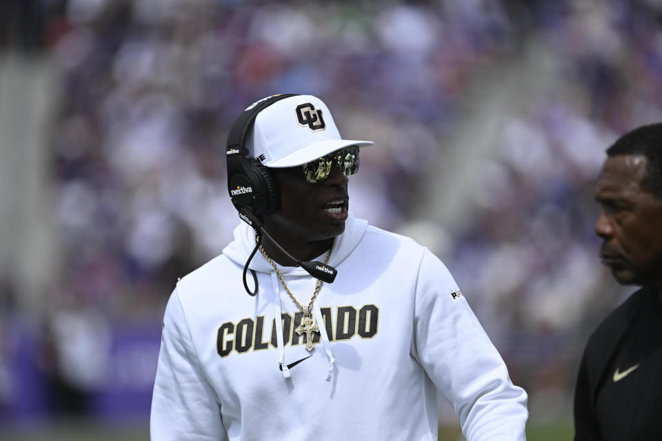 College Football: Colorado head coach Deion Sanders looks on vs. TCU at Amon G. Carter Stadium. 
Fort Worth, TX 9/2/2023
CREDIT: Greg Nelson (Photo by Greg Nelson/Sports Illustrated via Getty Images) 
(Set Number: X164412 TK1)