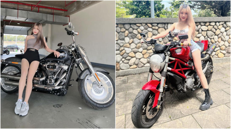 熊霓今年初也曾秀出與哈雷Softail家族的Fat Boy、Ducati Monster等車款的合照，展現傲人身材曲線與修長美腿。(圖片來源/ 熊霓IG)