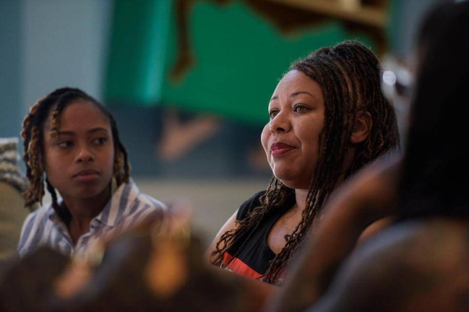 Kira Kimble leads other doulas in a discussion about how to improve their services in July 2023 at Amélie’s French Bakery & Café in Charlotte.