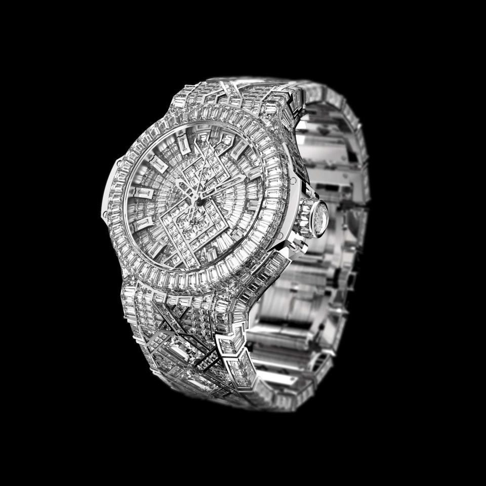 image of diamond encrustred Hublot Big Bang watch floating on black background