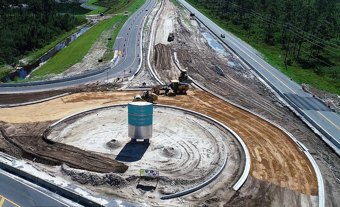 Portions of the roundabout being built by the Florida Department of Transportation at the entrance to Northwest Florida Beaches International Airport should begin opening to motorists this fall.