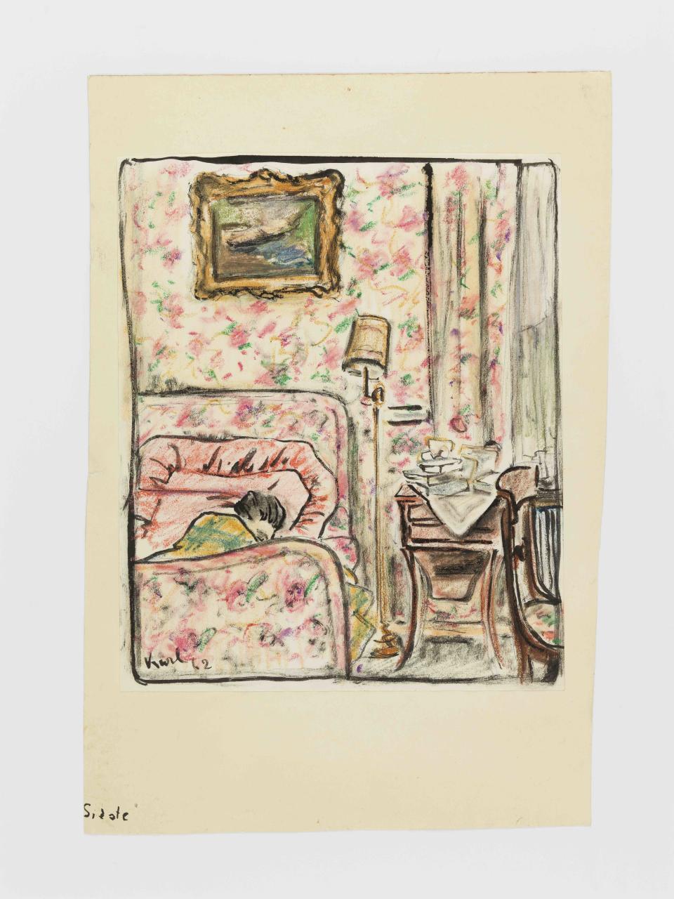 The earliest known drawing by Karl Lagerfeld, from 1942, a napping self-portrait at age nine, his bedside table crowded with books.