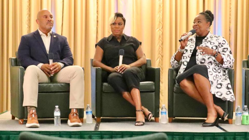 Taking part in a panel discussion on procurement at Elevating CommUnity were (from left) Ernie DuBose II of DuCon Construction, Danis Mitchell of Barton Marlow Construction and Terrie Daniel of USF on Thursday, Oct. 19, 2023.