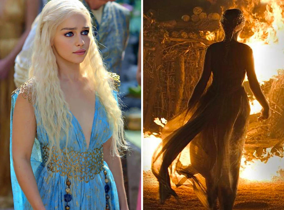 L: Emilia Clarke as her character Daenerys Targaryen on Game of Thrones. R: Emilia Clarke walking into fire as her character Daenerys Targayen