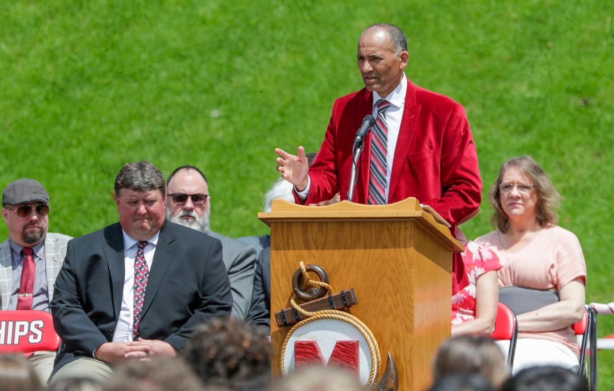 Superintendent Mark Holzman gives a final speech during the Manitowoc Lincoln High School graduation, Friday, June 10, 2022, in Manitowoc, Wis. Holzman will leave the district to join the Janesville School District.