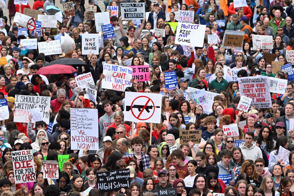 Demonstrators protest for stricter gun laws at the Tennessee Capitol  in Nashville on April 3, 2023.  (John Amis / AFP - Getty Images)