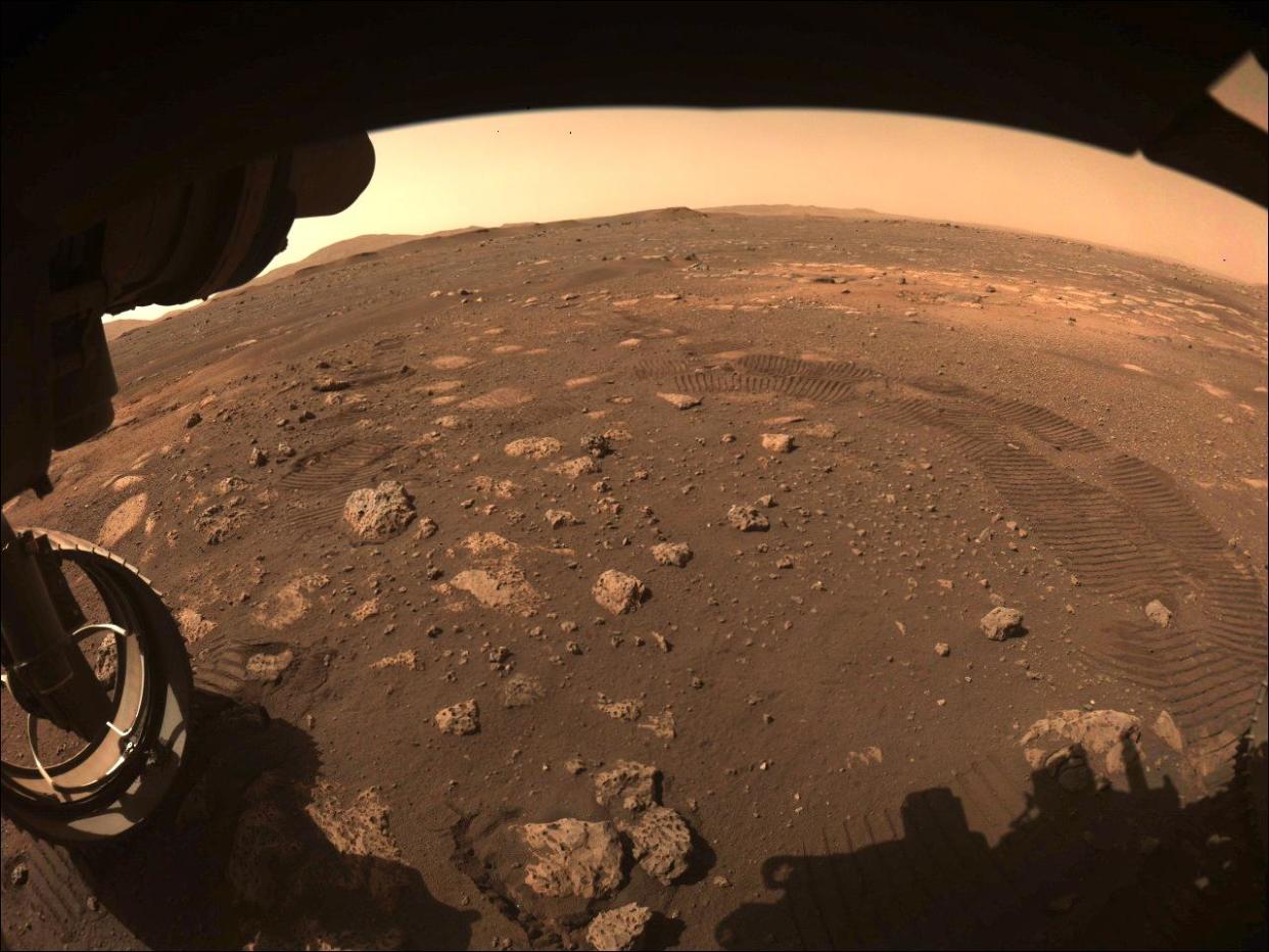 This image was captured while NASA's Perseverance rover drove on Mars for the first time on March 4, 2021.