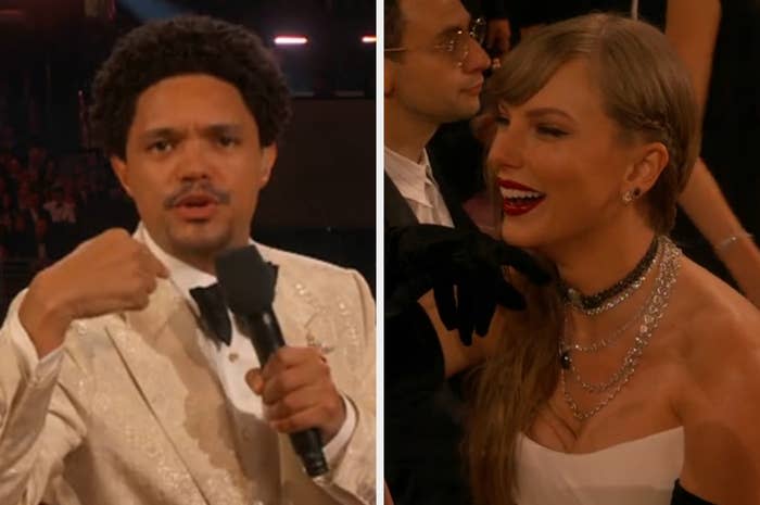 Side-by-side of Trevor Noah and Taylor Swift