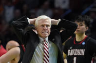 Davidson coach Bob McKillop reacts during the second half of the team's college basketball game against Michigan State in the first round of the NCAA men's tournament Friday, March 18, 2022, in Greenville, S.C. (AP Photo/Brynn Anderson)