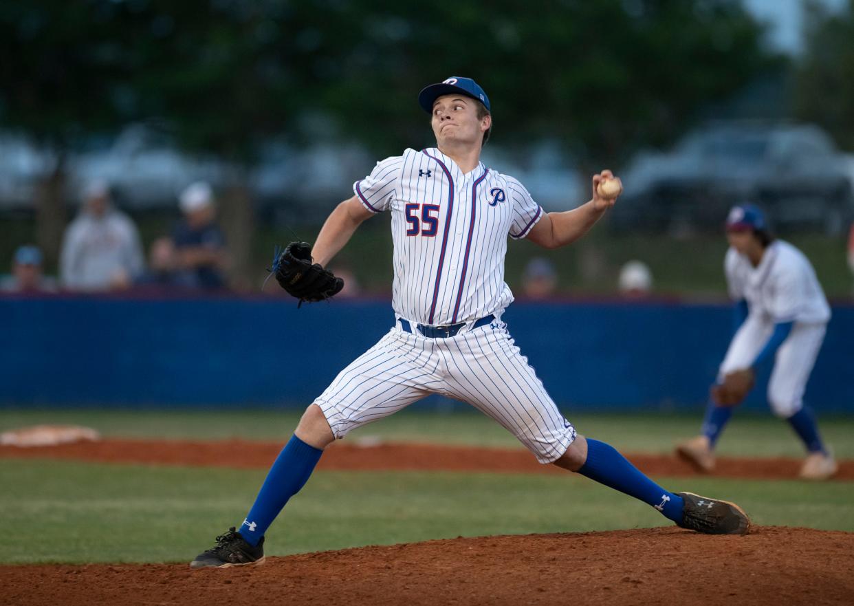 Jackson McKenzie (55) tossed 4 1/3 innings without allowing a hit during Pace's 10-0 victory over Jacksonville First Coast on Friday, May 13, 2022 from Pace High School.