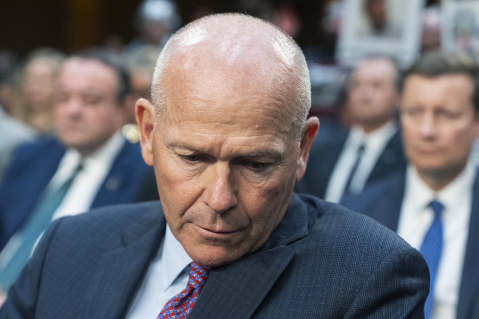 Boeing CEO Dave Calhoun, waits for the start of the Senate Homeland Security and Governmental Affairs Subcommittee on Investigations hearing, to answer to lawmakers about troubles at the aircraft manufacturer since a panel blew out of a Boeing 737 Max during an Alaska Airlines flight in January, at the Capitol in Washington, Tuesday, June 18, 2024. (AP Photo/Manuel Balce Ceneta)