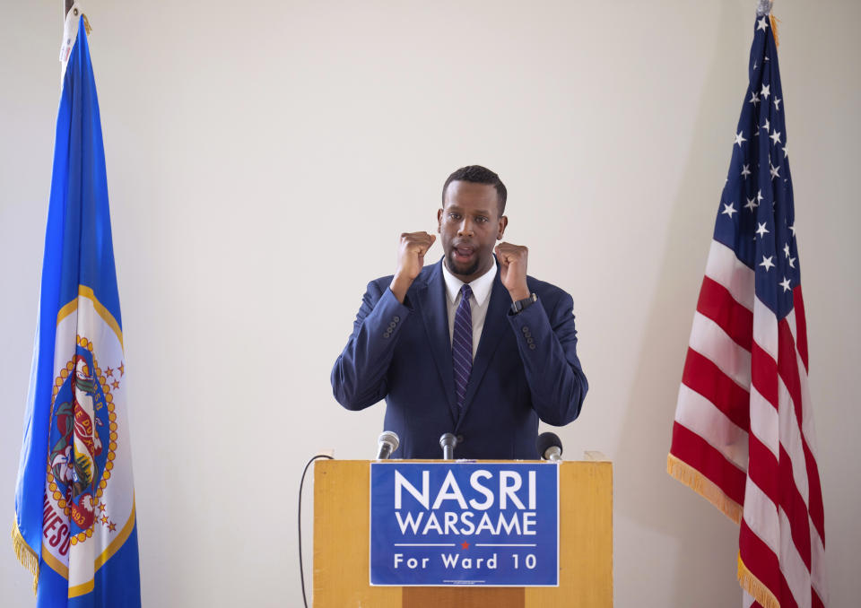 Abshir Omar, the campaign manager for Nasri Warsame, speaks at a news conference Wednesday, May 17, 2023. After a wild Ward 10 DFL convention last weekend, challenger Nasri Warsame alleged bias and rules violations against his campaign at a news conference at his campaign headquarters in Minneapolis Wednesday afternoon, May 17, 2023. (Jeff Wheeler/Star Tribune via AP)