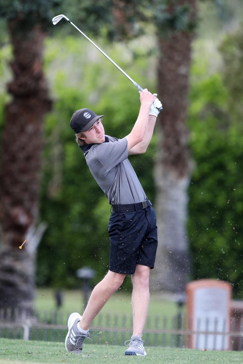 Ben Carlton of Yucca Valley High School tees off during the Desert Valley League golf finals at the Westin Rancho Mirage Golf Resort in Rancho Mirage, Calif., on Thursday, May 4, 2023. 