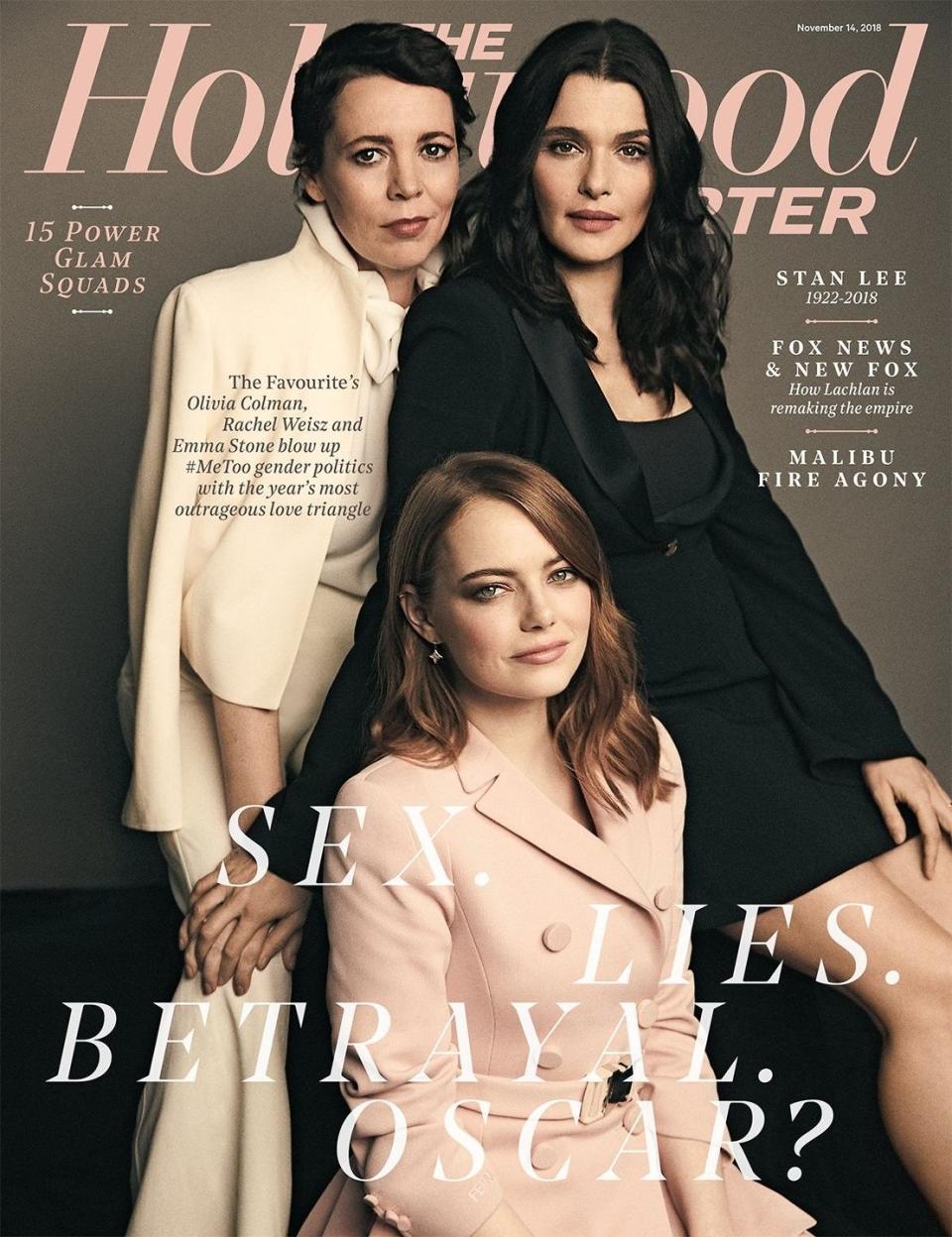 Olivia Colman, Rachel Weisz and Emma Stone pose for the November 2018 [Photo: The Hollywood Reporter]