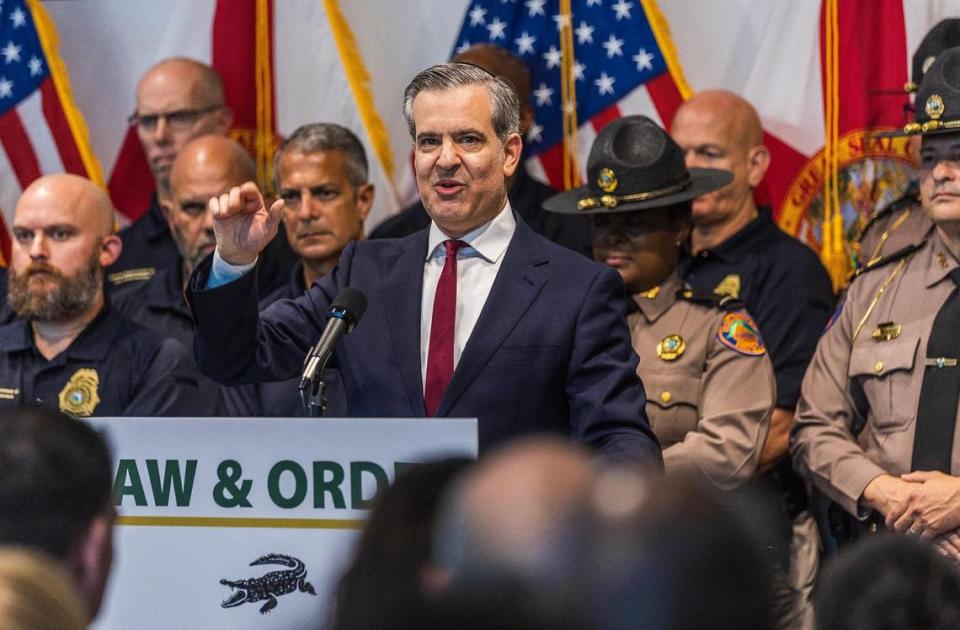 Mayor Steven Meiner speaks at a press conference in Miami Beach on Tuesday, March 5, 2024.