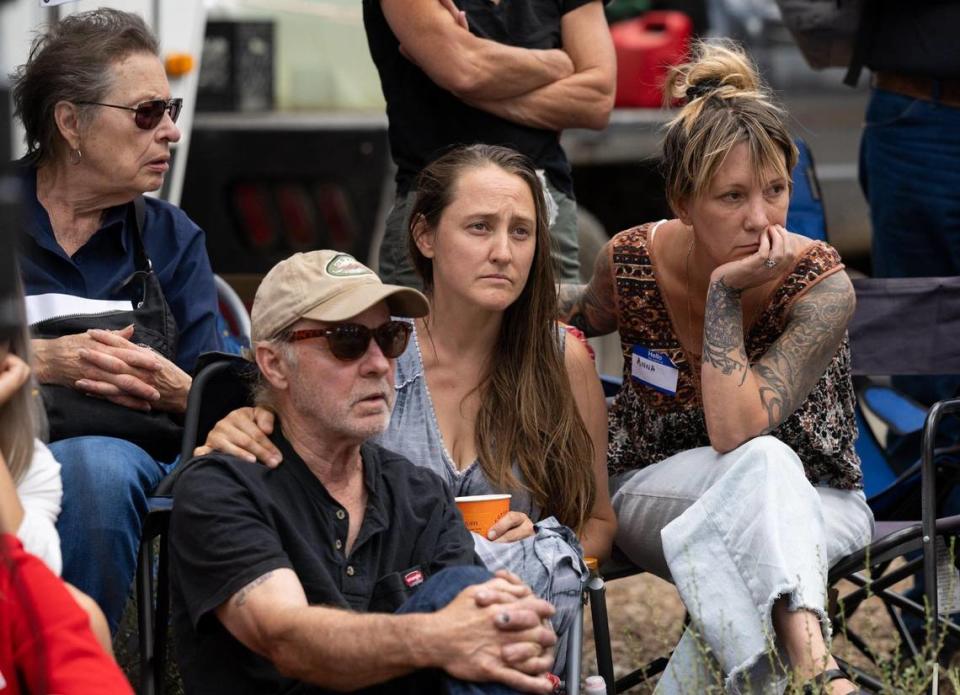 Lindsey Rodni-Nieman, center, mother of missing 16-year-old Kiely Rodni, listens to law enforcement during a press conference, Tuesday, August 9, 2022 in Truckee. Authorities are searching for 16-year-old Kiely Rodni or her Honda CR-V after she went missing Saturday from Prosser Family Campground near Truckee.