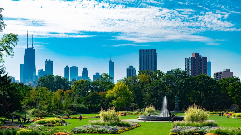 Summer Garden Scene in Lincoln Park Chicago with the Skyline