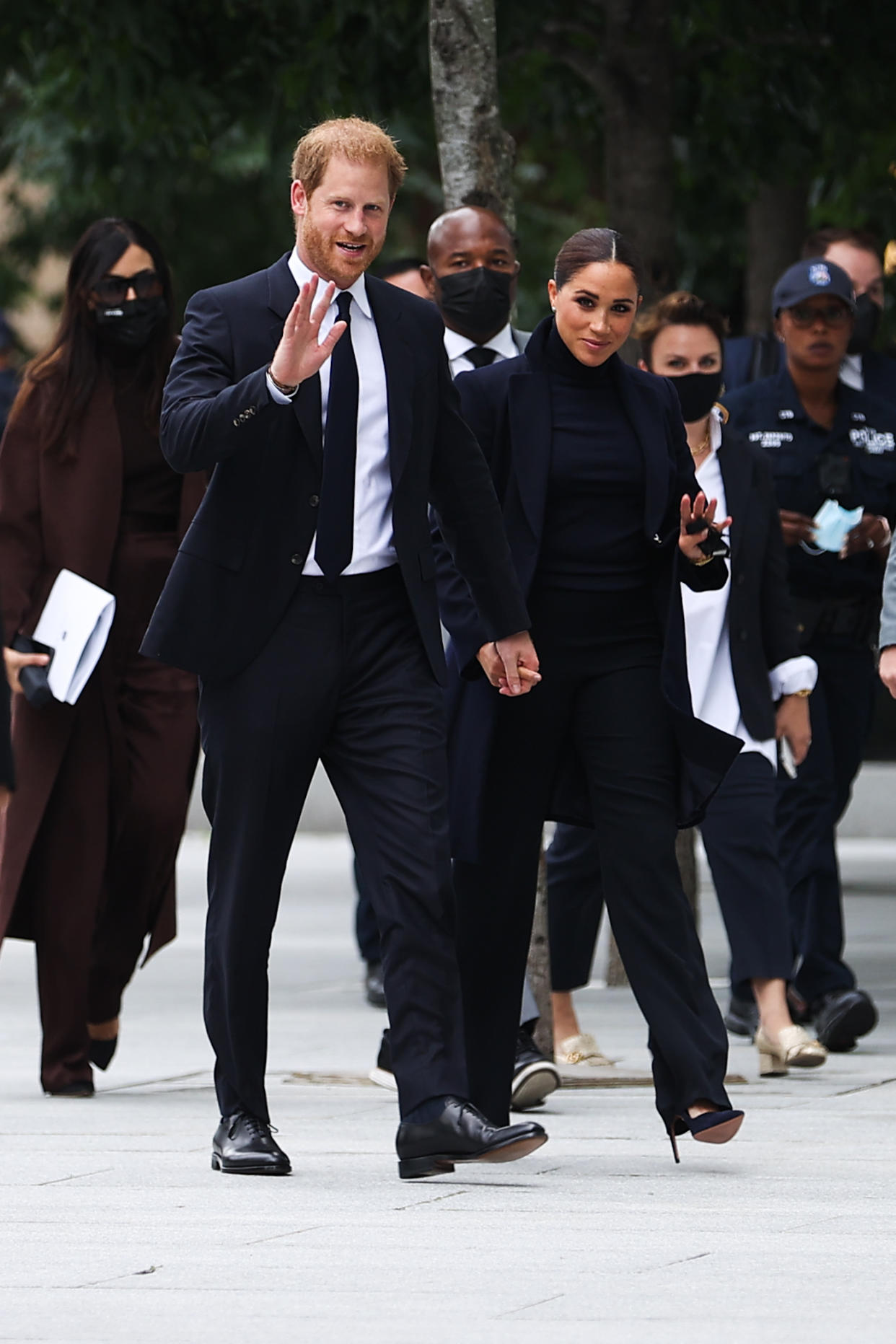 NEW YORK, NY - SEPTEMBER 23: Prince Harry and Meghan Markle visit the One World Observatory as NY Governor Hochul and NYC Mayor Blasio walk along with them in New York City, United States on September 23, 2021. (Photo by Tayfun Coskun/Anadolu Agency via Getty Images)