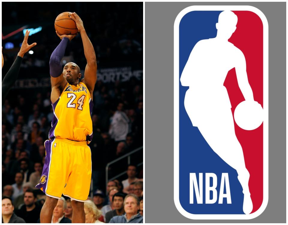 Kobe Bryant ejecutando un lanzamiento a canasta y el logo de la NBA. (Foto: Robert Laberge / Getty Images / AP).