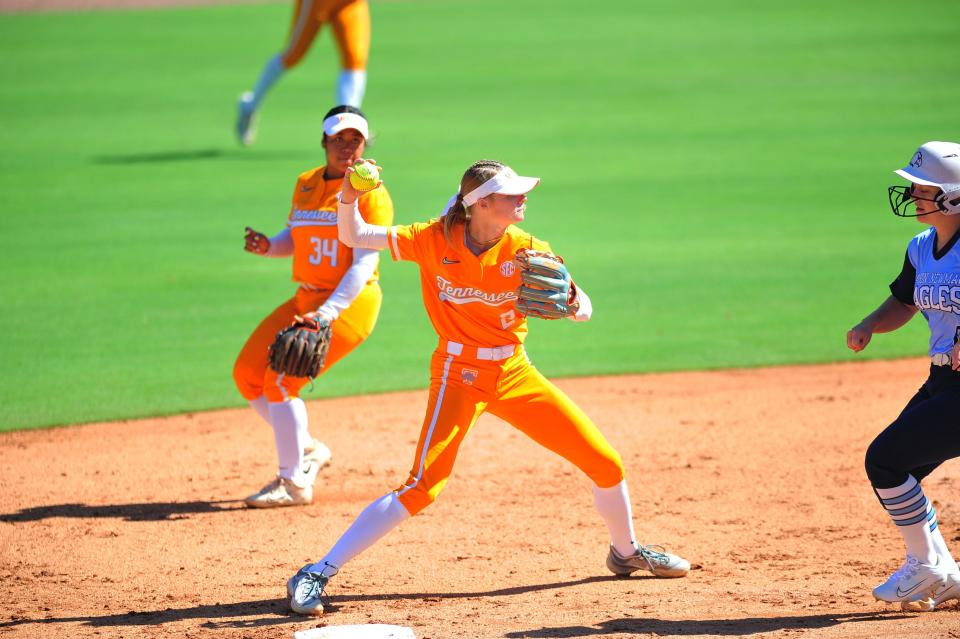 Tennessee infielder Laura Mealer (2) throws the ball in a game against Carson-Newman at Sherri Parker Lee stadium on Saturday, Oct. 7, 2023.