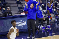 Duke head coach Mike Krzyzewski reacts after his team turns the ball over during the second half of an NCAA college basketball game against Notre Dame on Wednesday, Dec. 16, 2020, in South Bend, Ind. Duke won 75-65. (AP Photo/Robert Franklin)