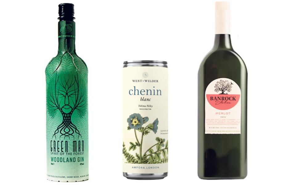 From left: Green Man Woodland Gin; West & Wilder Chenin Blanc; Banrock Station Merlot 2020