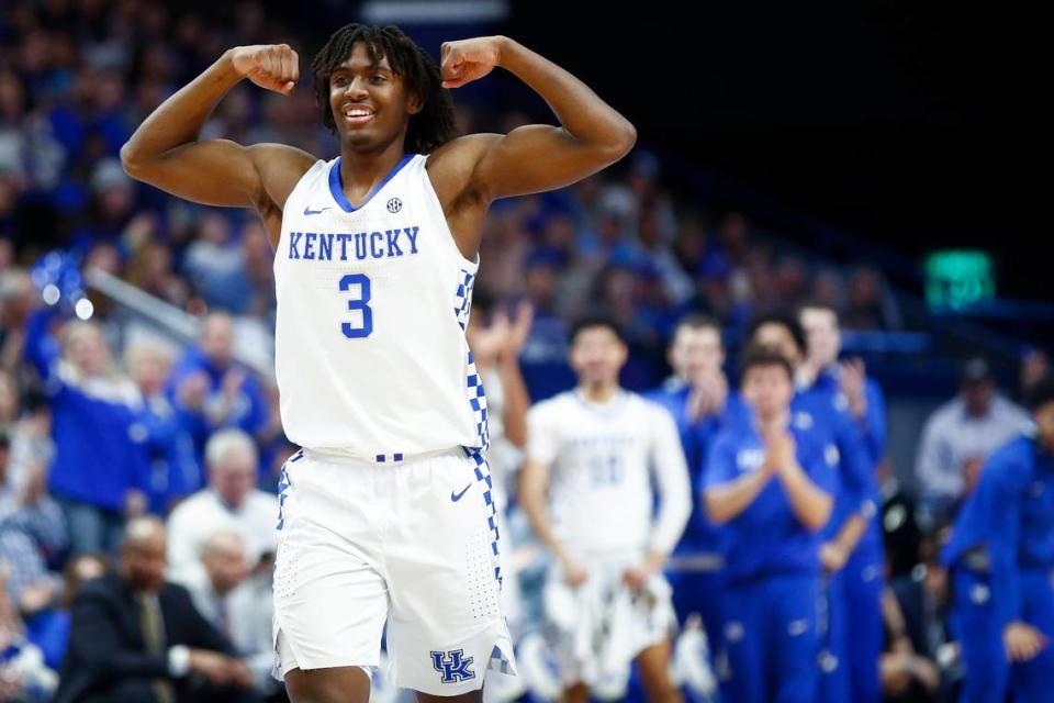 Kentucky Wildcats guard Tyrese Maxey (3) celebrates during a game against the Mississippi Rebels at Rupp Arena in Lexington, Ky., Saturday, Feb. 15, 2020