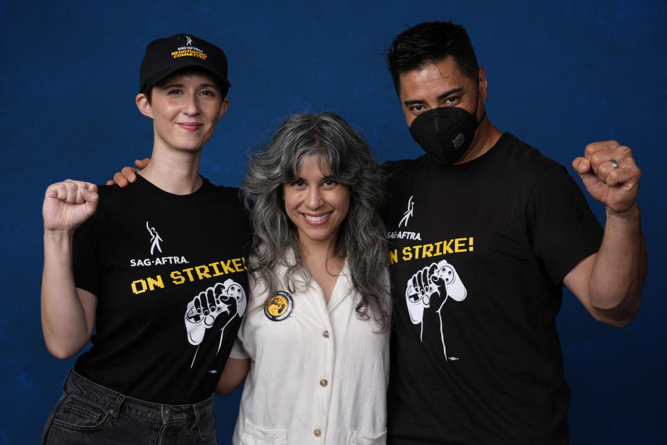 Sarah Elmaleh, from left, Ashly Burch, and Noshir Dalal pose for a portrait to promote SAG Aftra "Game Actors on Game Actors" during Comic-Con International on Friday, July 26, 2024, in San Diego. (AP Photo/Chris Pizzello)