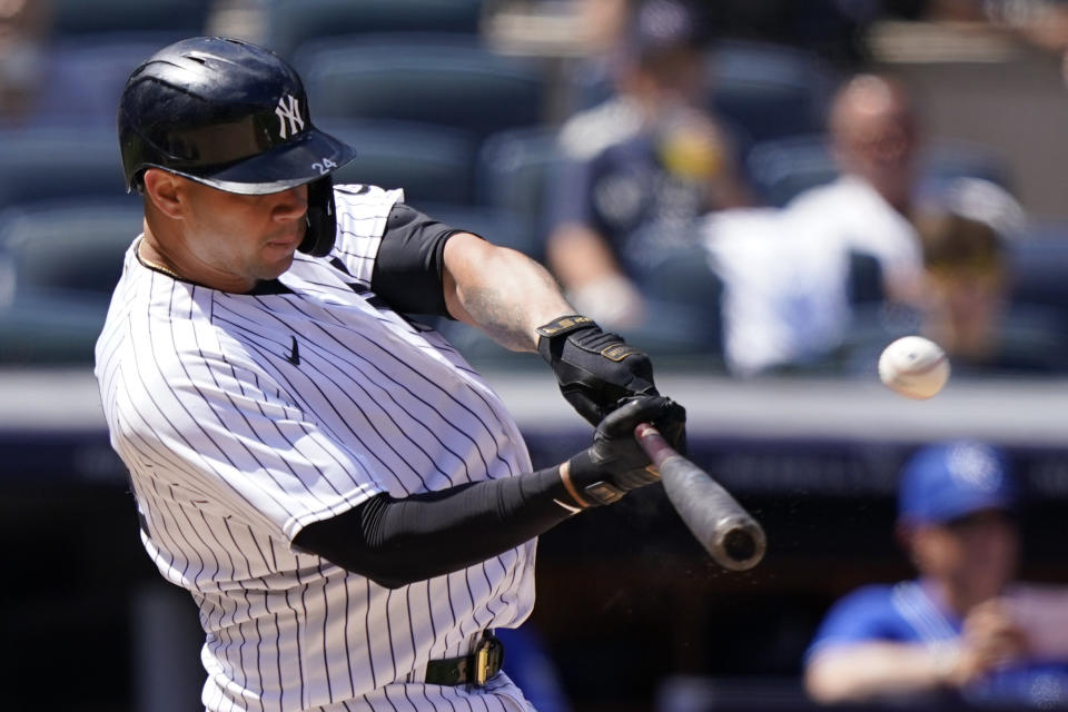 New York Yankees Gary Sanchez hits a three-run home run during the sixth inning of a baseball game against the Kansas City Royals, Thursday, June 24, 2021, at Yankee Stadium in New York. (AP Photo/Kathy Willens)