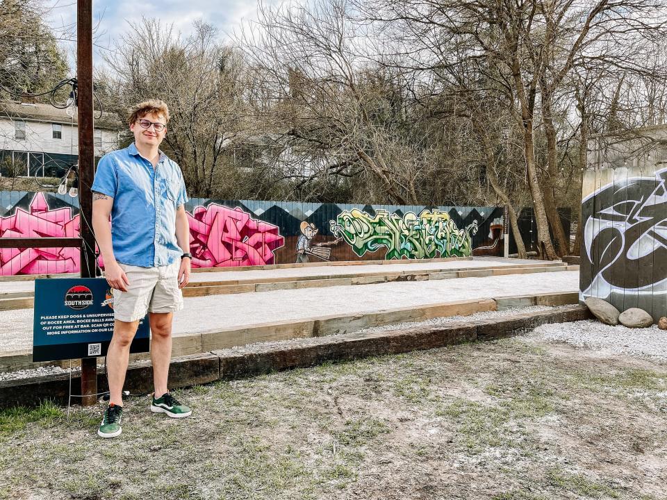 Southside Garage co-owners James Tourville (pictured here) and David Yousif were approached about installing two bocce courts late last year and they are now ready for the spring league season this March.