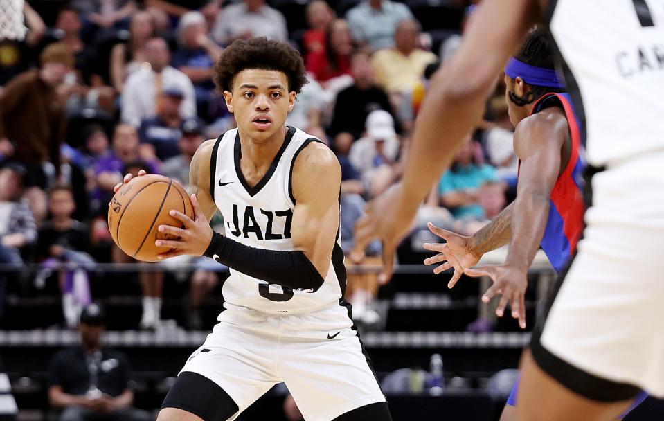 Utah Jazz guard Keyonte George (3) looks to pass the ball as the Utah Jazz and Philadelphia 76ers play in Summer League action at the Delta Center in Salt Lake City on Wednesday, July 5, 2023. 76ers won 104-94.