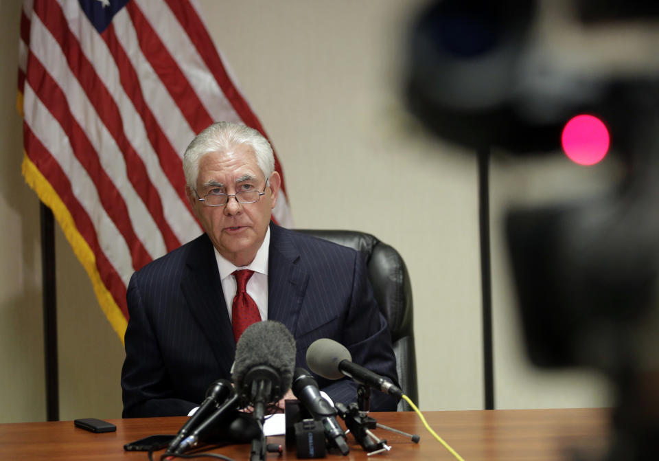 Secretary of State Rex Tillerson speaks during a news conference at the Palm Beach International Airport in West Palm Beach, Fla., Thursday, April 6, 2017, (AP Photo/Lynne Sladky)