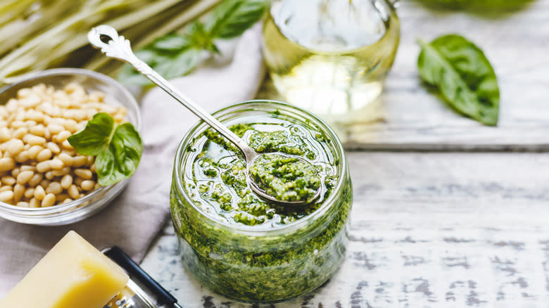 green pesto and pine nuts